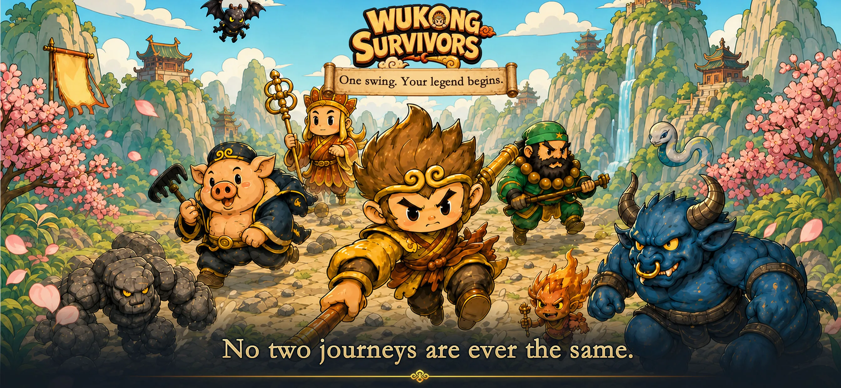 Wukong Survivors key art — the Monkey King charges ahead with his golden staff as Pigsy, the Monk and companions face down demons in a blossom-filled valley