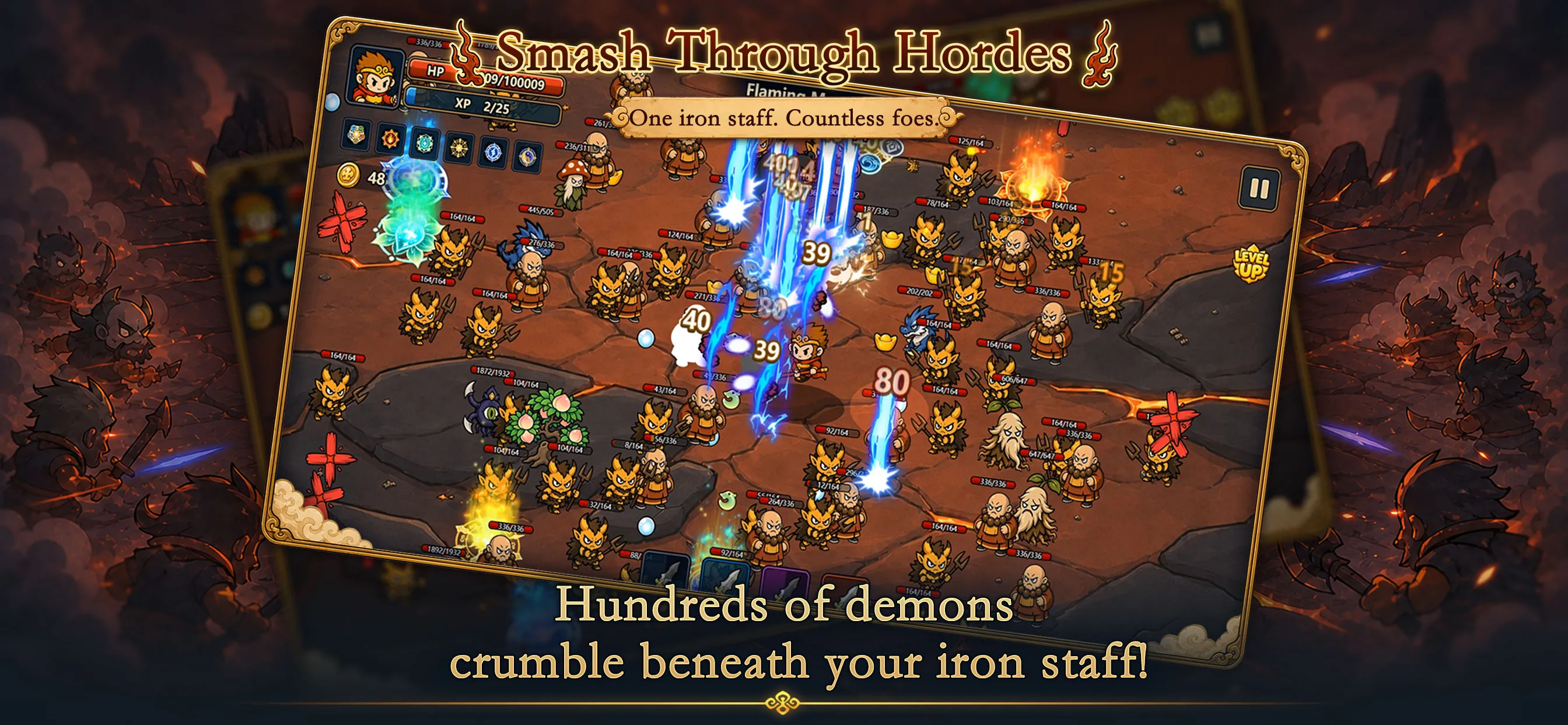 Combat screenshot — Wukong smashes through hordes of demons, chaining lightning strikes from his iron staff