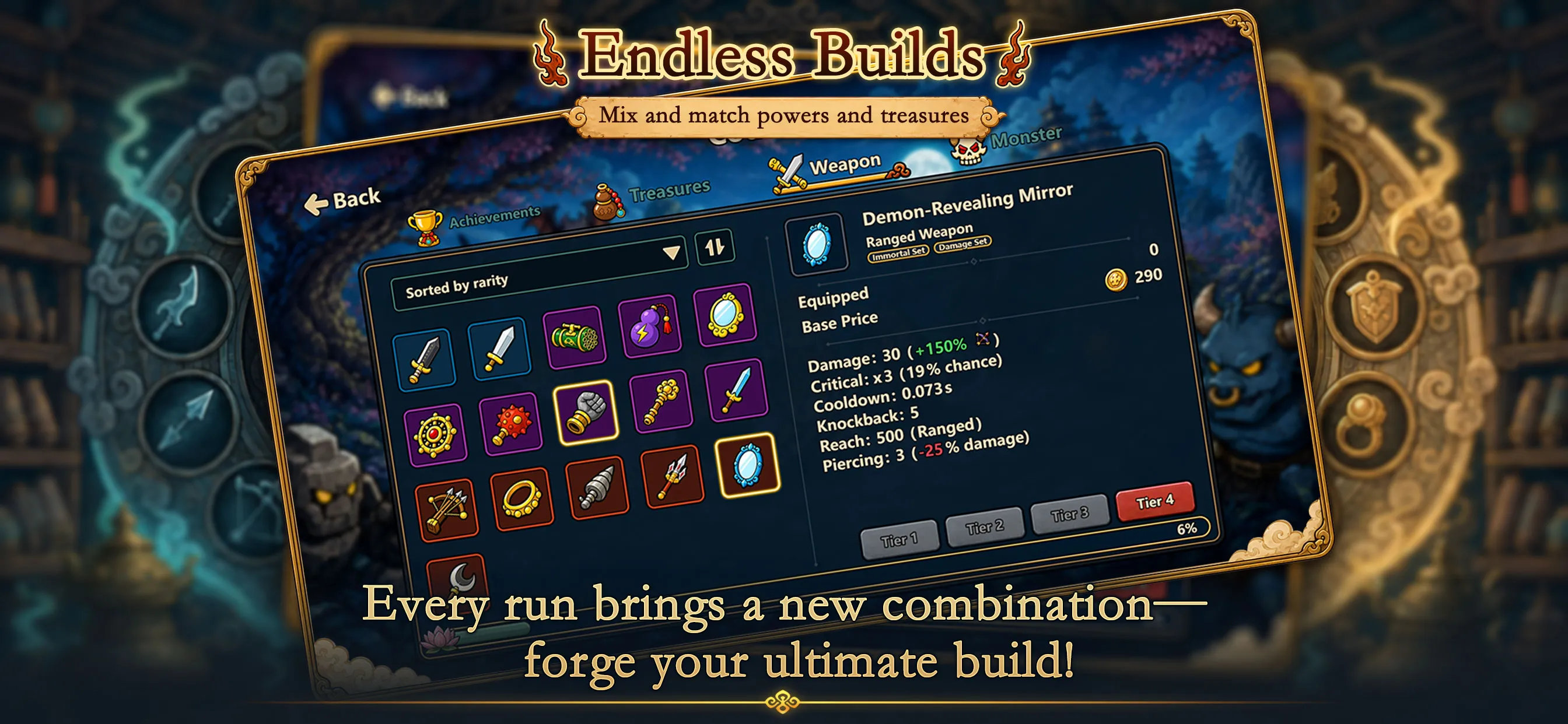 Collection screenshot — weapons and treasures ready to mix and match into endless builds