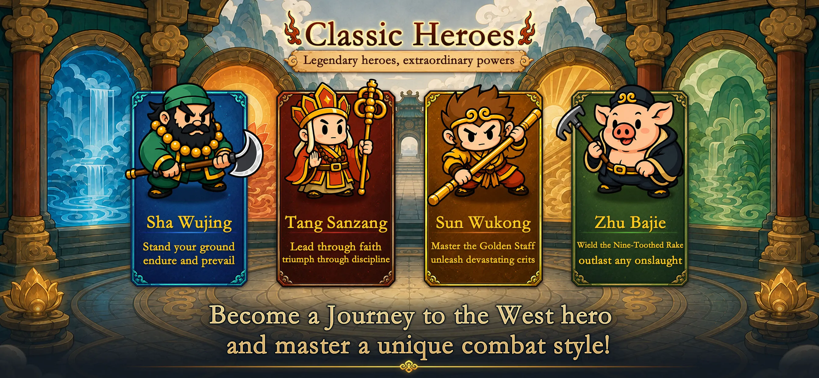 Hero select screenshot — four Journey to the West heroes: Sha Wujing, Tang Sanzang, Sun Wukong and Zhu Bajie