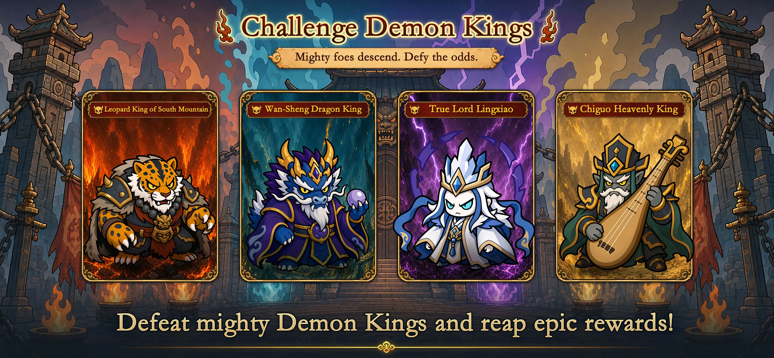 Boss screenshot — four mighty Demon Kings await challengers for epic rewards