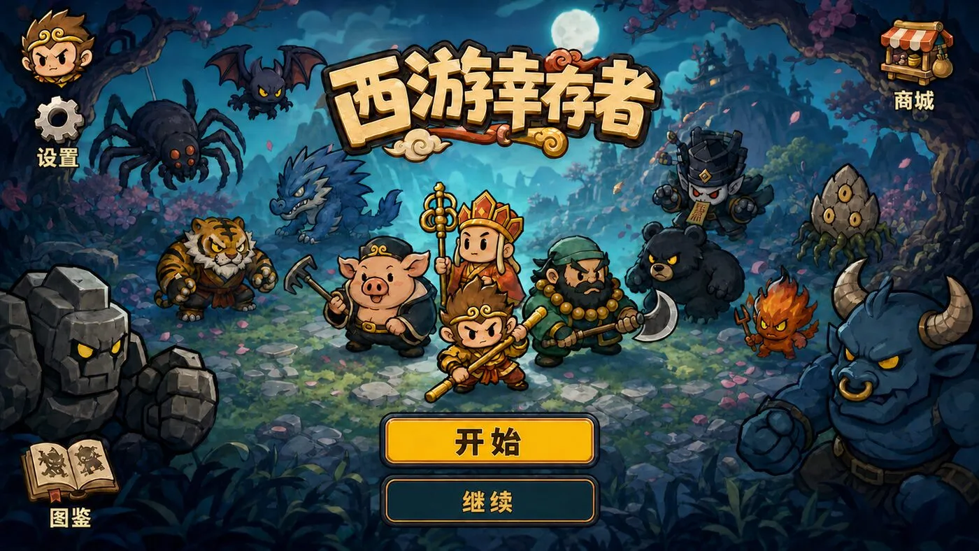 Wukong Survivors title screen — a moonlit forest where the Monkey King, Pigsy, the Monk and companions stand surrounded by demons